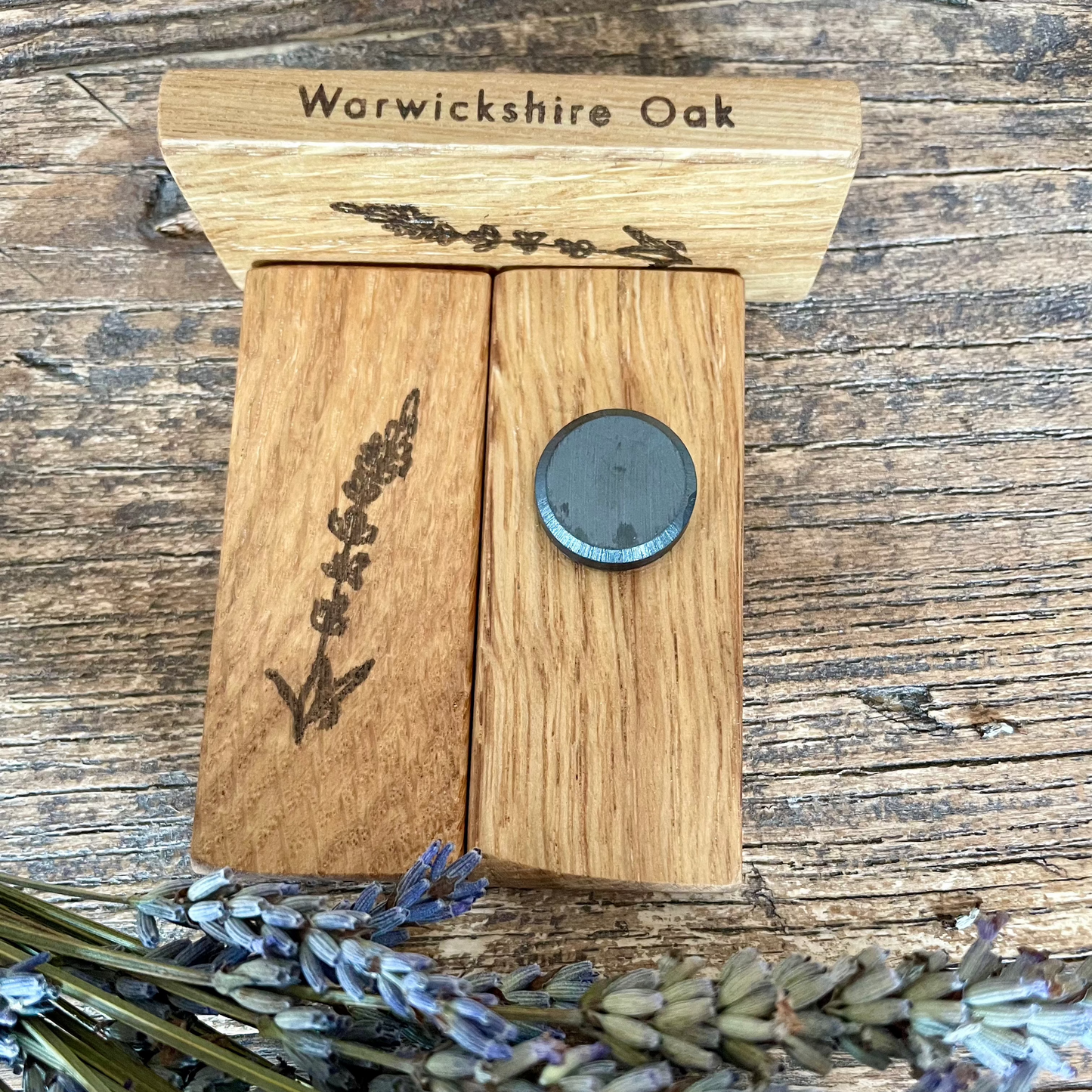 Wooden Fridge magnet: Oak. Lavender Sprig.