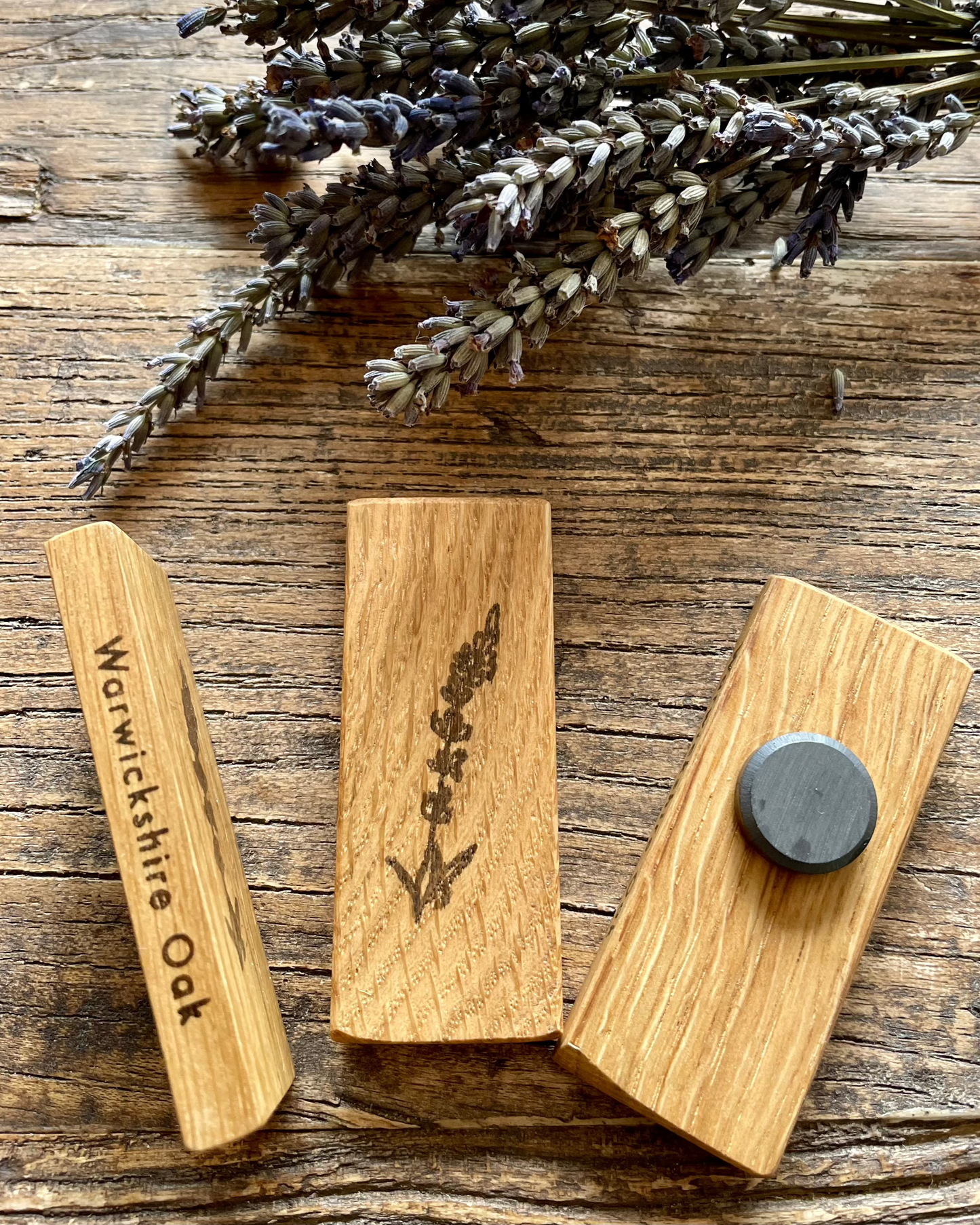 Wooden Fridge magnet: Oak. Lavender Sprig.