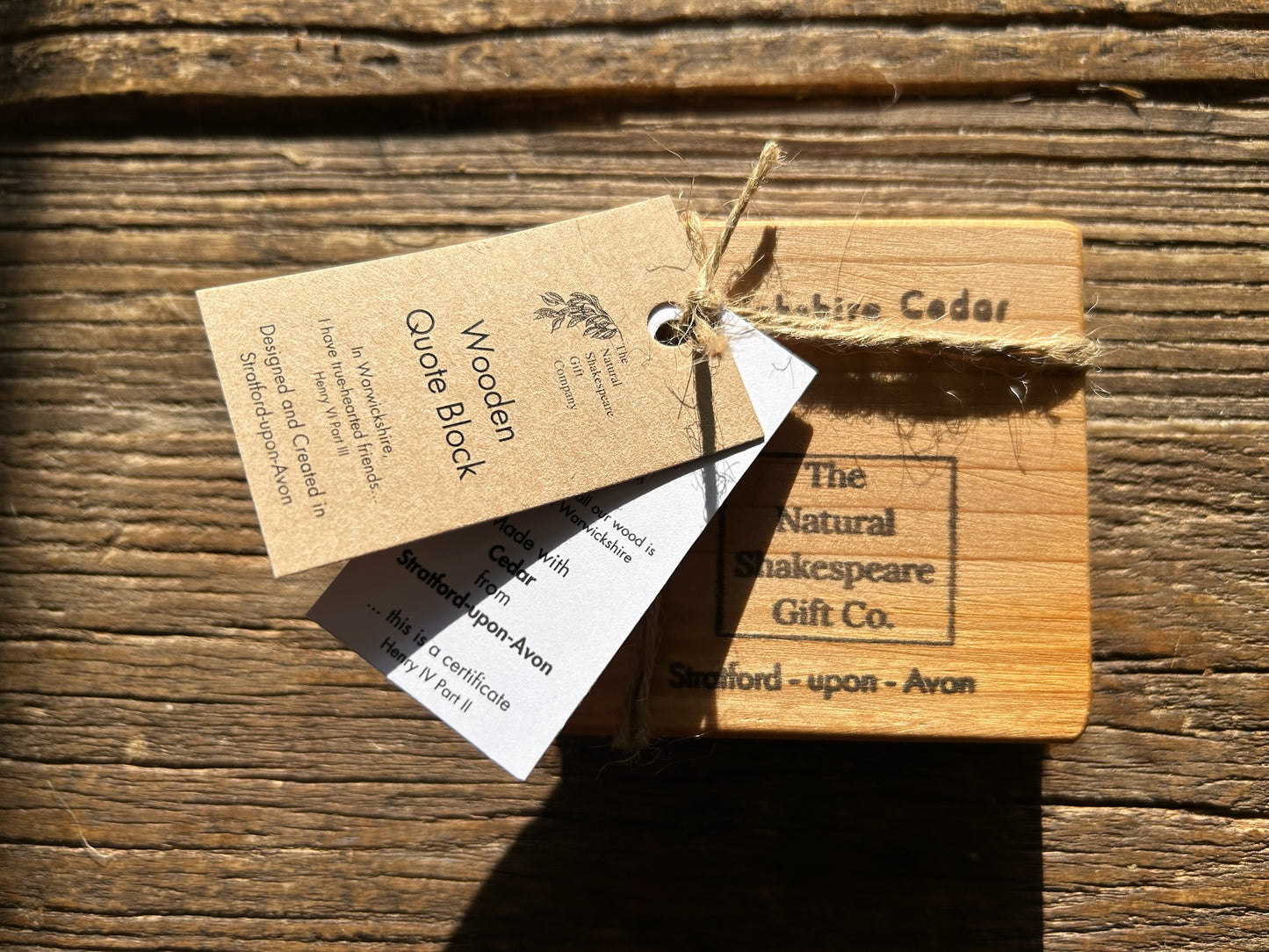 Wooden Shakespeare Quote Block: Cedar 'In Warwickshire, I have true-hearted friends...'